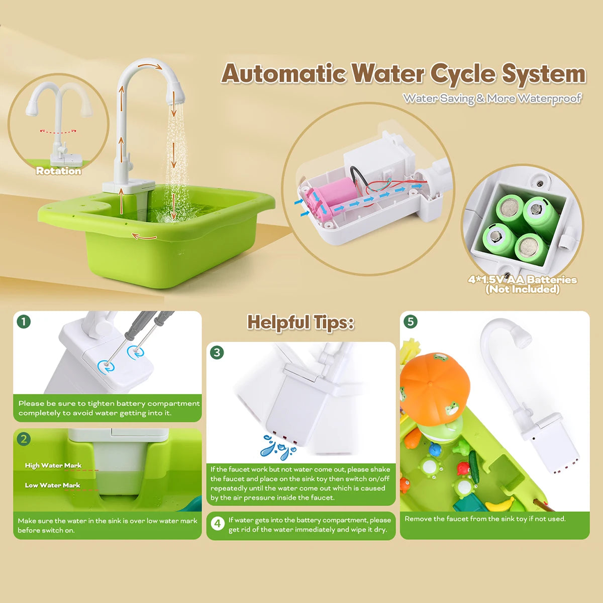 Kids Pretend Play Kitchen Sink Set – Electric Water Faucet & Dishwashing Toy
