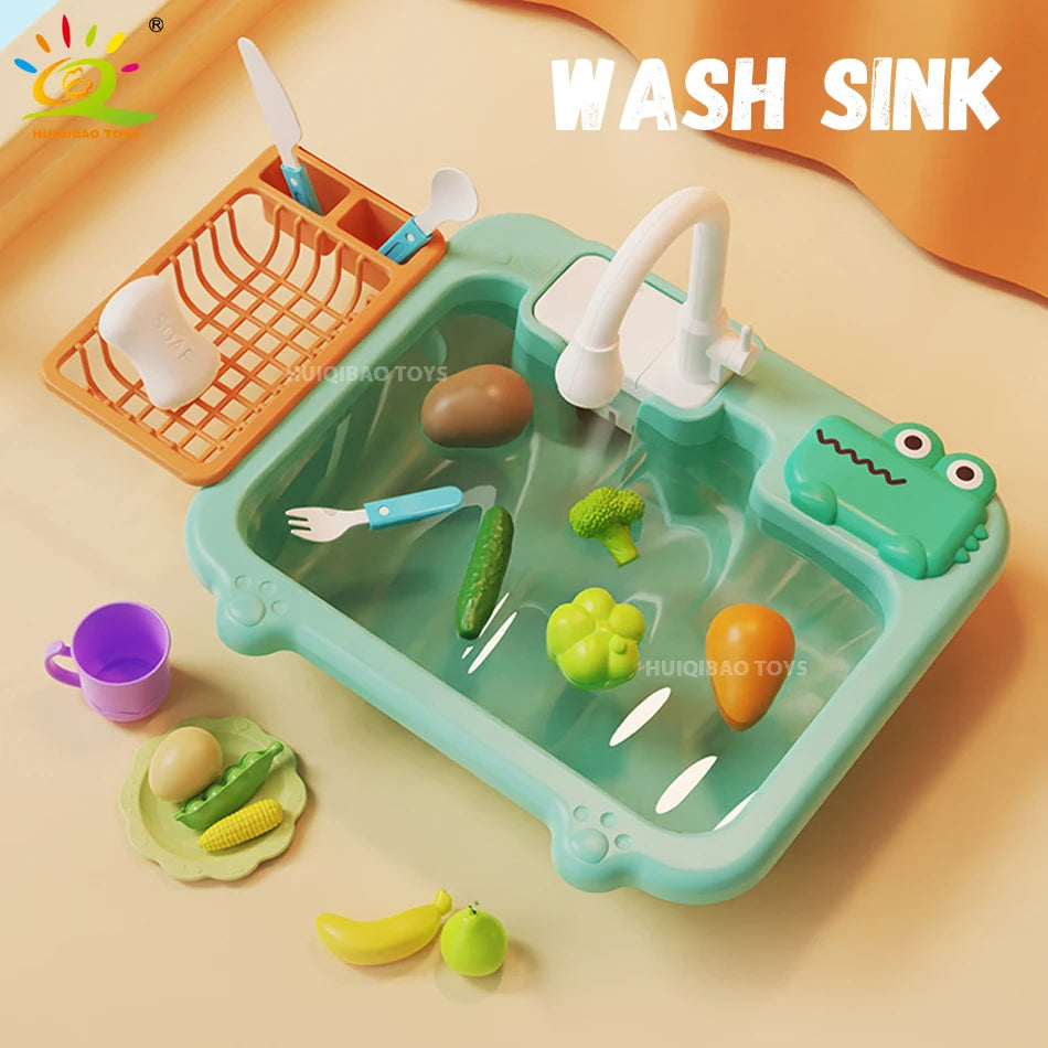 Kids Pretend Play Kitchen Sink Set – Electric Water Faucet & Dishwashing Toy